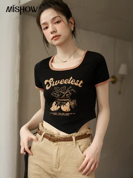 MISHOW/ Женская футболка с коротким рукавом 2023, Летняя мода, Американский Ретро Принт с буквами, Асимметричные Короткие Топы с круглым вырезом MXC36T0040