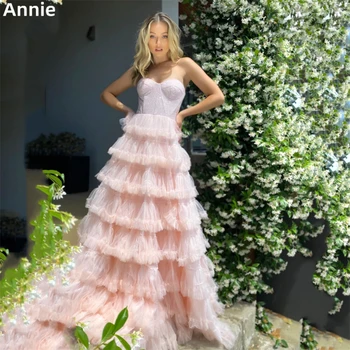 Платье для выпускного вечера из тюля ручной работы Annie, многослойное коктейльное вечернее платье без бретелек, изготовленное на заказ, нежно-розовое
