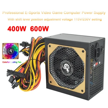 ATX 400W 600W Настольный компьютер для киберспортивных видеоигр, блок питания 110/230 В, цветной бесшумный вентилятор RGB, блок питания 24Pin 12V