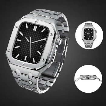 Металлический ремешок + чехол, встроенный комплект защиты от падения для Apple Watch 6 5 44 мм, часы из нержавеющей стали, высококачественный браслет для iwatch 8 7 45 мм