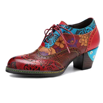 Женские туфли-лодочки в стиле ретро в богемном стиле с цветочным узором из натуральной кожи, женские туфли на высоком каблуке толщиной 4,5 см, zapatos mujer с принтом