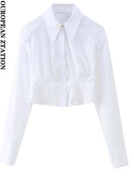 Женские рубашки с пайетками 2023, модные укороченные белые рубашки из поплина, винтажные женские блузки с длинным рукавом и пуговицами, шикарные топы