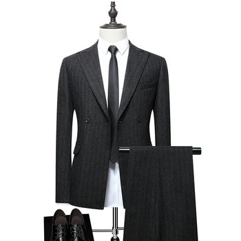 Деловой костюм, мужская одежда из 2 предметов, Черный, Серый, Модное Простое Двубортное платье для свадебного банкета, Блейзер, куртка и брюки