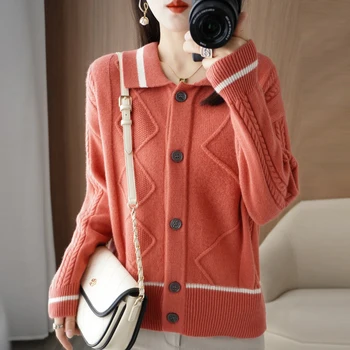 свитер из 100% чистой шерсти, осенне-зимний новый модный женский кардиган с закрученным цветком, повседневный вязаный свитер с вырезом-поло, пальто, куртка.