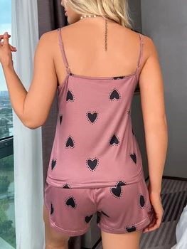 Женский Атласный Шелковый Пижамный комплект с цветочным принтом, кружевной отделкой, топ на бретелях с V-образным вырезом и шорты - Elegant Loungewear, Одежда для сна, 2 предмета