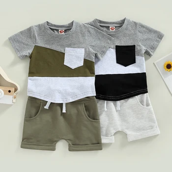 Летняя одежда для новорожденных мальчиков, костюмы, цветные футболки с короткими рукавами, Топы, Брюки с эластичной резинкой на талии, Повседневный пэчворк, комплект из 2 предметов