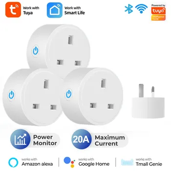 20A Tuya Smart Wifi Plug Британская Беспроводная Контрольная Розетка с Функцией Таймера контроля энергии Работает с Alexa Google Home