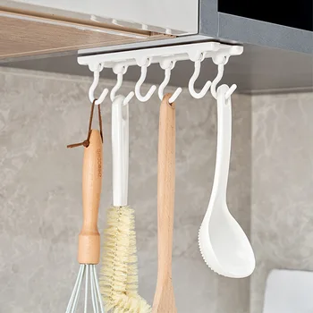 Без сверления, Адгезивные Крючки для кухонных принадлежностей под шкафом, вращающиеся на 360 °, 6 шт., Белые крючки для кухонных инструментов, Салфетка для полотенец