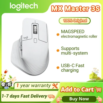 Беспроводная мышь Logitech MX Master 3S со сверхбыстрой прокруткой, оптический радиочастотный интерфейс Bluetooth для правой руки, Ergo, 8K точек на дюйм,