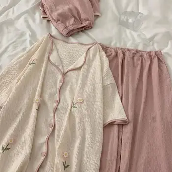 Пижамы 2023 Hua Hua, Женский летний комплект из трех предметов, весенне-осенний комплект домашней мебели из хлопка с коротким рукавом