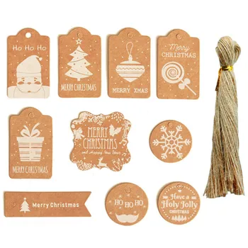 Рождественская бирка из крафт-бумаги, 10 дизайнов, подарочная этикетка для подарков, украшения для рождественской елки, веревочки для подвешивания в комплекте