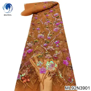 Элегантная Африканская Кружевная ткань, Вышитое Нигерийское вечернее платье 2023, Высококачественный французский тюль С блестками 3D Цветов ML92N39 ML92N40