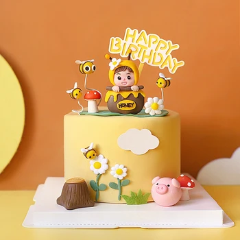 Принадлежности для украшения торта с мультяшными животными, Фетровые Топперы для торта с пчелиным медом, с Днем Рождения, Топперы для украшения торта на день рождения