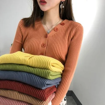 Осенне-зимние Женские топы с длинными рукавами, Новый однобортный Вязаный свитер ярких цветов с V-образным вырезом, приталенный пуловер, Нижняя рубашка