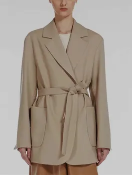 Осень-зима 2023, Женская куртка на шнуровке, V-образный вырез, Длинный рукав, однотонная модная женская Свободная куртка с карманами