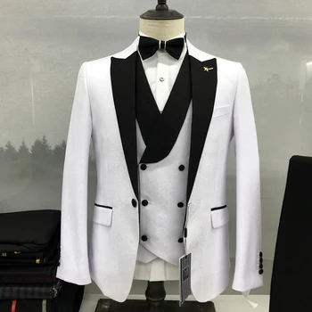 2023 Мужской костюм, Свадебный блейзер, куртка, Брюки, Жилет из трех частей, черный с остроконечным отворотом, Однобортный, официальный, офисный, деловой, приталенный