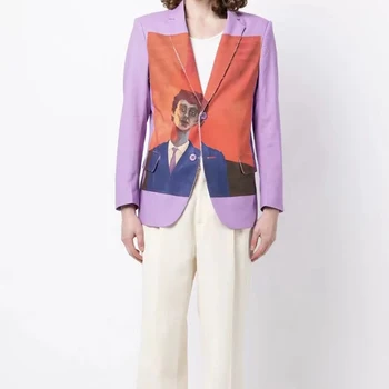 Хлопчатобумажный льняной блейзер с портретным рисунком, летняя новинка 2023 года, y2k Qingqing, модная повседневная женская куртка с меховой отделкой и свободным принтом