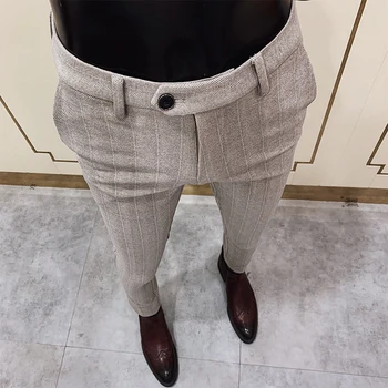 Новые осенне-зимние повседневные брюки из шерстяной ткани для похудения, мужские полосатые деловые официальные брюки для общения, мужские домашние брюки-карандаш для отдыха
