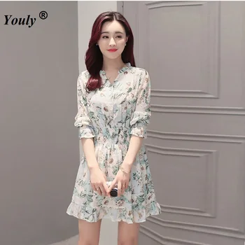 2021 весны цветочные печатных V-образным вырезом плиссированные мини-платье Лотос с длинным рукавом женщины элегантный повседневная шифон Винтаж платья