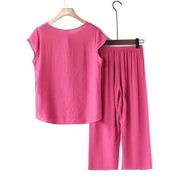 Пижамный костюм с цветочной вышивкой, Пижамный комплект для матери среднего возраста, Укороченный топ с вышивкой, Широкие брюки, Повседневный комплект