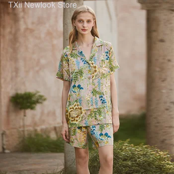 [Высококачественная] Летняя пижама с короткими рукавами, Женская шелковая тонкая Свободная домашняя одежда большого размера, костюм-двойка