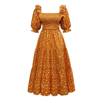 Модное женское платье-фонарь с оборками и цветочным рисунком, Плиссированные платья с квадратным воротником европейского и американского бренда Tide