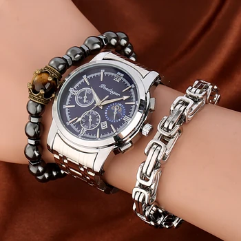 Светящийся Календарь, мужские часы Премиум-класса, водонепроницаемые кварцевые часы из нержавеющей стали для мужчин, Эластичный черный браслет из бисера, Креативный подарок из 3 предметов