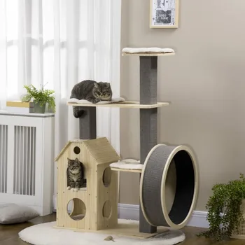 Двухслойная мягкая вышка для маленькой кошки, Комнатное кошачье дерево, когтеточки, Колесо, товары для упражнений