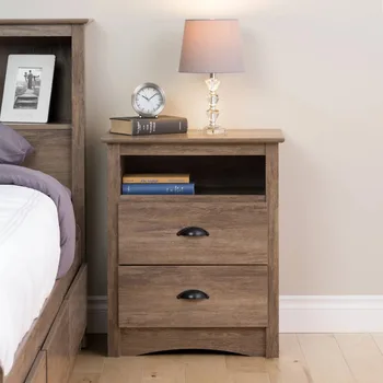 Прикроватная Тумбочка для спальни Prepc Sonoma с 2 выдвижными ящиками и открытой полкой, серого цвета