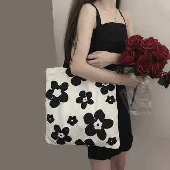Холщовая сумка Ins в корейском стиле, черно-белый цветок, модная студенческая сумка через плечо, большая вместительная сумка для покупок