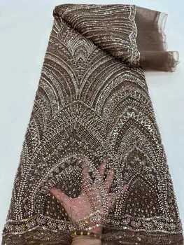 Золотая Высококачественная вышивка Блестками, сетчатая кружевная ткань, Африканская Кружевная ткань, Элегантные бусины, французский тюль, кружевная ткань для женщин