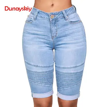 Летние женские джинсовые шорты синего цвета с высокой талией, облегающие, эластичные, облегающие Классические шорты длиной до колен, Новинка 2022 года