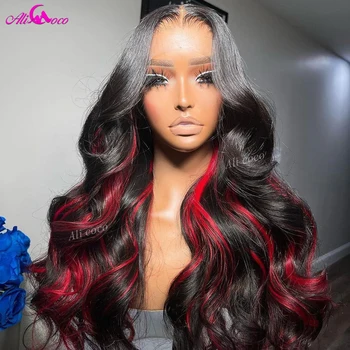 Красный парик с подсветкой из человеческих волос 13x4 Объемная волна, кружевной парик Спереди Для женщин, красный Омбре с предварительно выщипанными париками из человеческих волос черного цвета