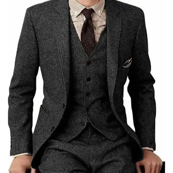 Мужской костюм-тройка из твида с вырезами на лацканах, повседневный деловой костюм для свадьбы, работы (блейзер + жилет + брюки)