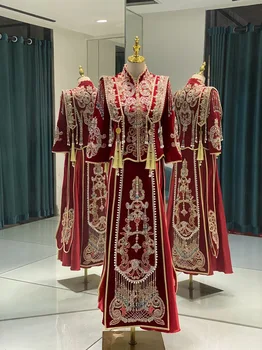 Летнее Платье Xiuhe, Красное Женское Контрастное Благородное Свадебное Платье с жемчужной бахромой, Тосты Для Невесты, Китайское Традиционное Свадебное платье Tang Suit Hanfu