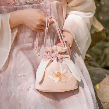 Сумка с цветочной вышивкой на шнурке в винтажном китайском стиле, сумка Hanfu, Большая вместительная сумка через плечо, сумка-ведро с Лотосом, Сумочка с милым бантом