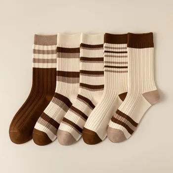 Осенне-зимние носки-трубки в Японском стиле, Женские носки кофейного цвета в вертикальную полоску, Носки с ворсом Кофейного цвета, простые коричневые универсальные носки
