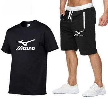 Мужской комплект футболок MIZUNO, Летний спортивный костюм из полиэстера, футболка с принтом + шорты, быстросохнущий Мужской костюм, комплект из 2 предметов