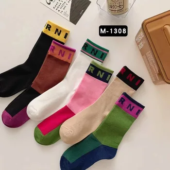 6 пар Новых Спортивных носков с цветными блоками с принтом Алфавита, Модные Повседневные носки из чистого хлопка, Удобные Мягкие Тонкие Дышащие