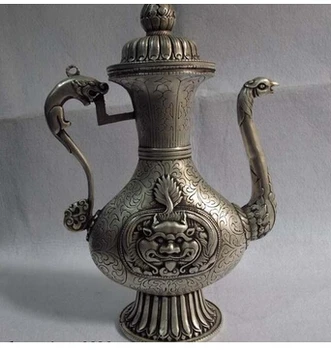 Медь Латунь китайские ремесла украшения Азиатская 13 тибетская классика бронза серебро-позолоченная foo dog rosefinch Dragon бутыль stoup