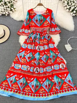 Модное дизайнерское летнее платье для подиума, женское Длинное праздничное платье с круглым вырезом и короткими расклешенными рукавами и мультяшным цветочным принтом