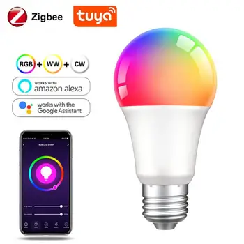 Zigbee Tuya Умная Лампочка Tuya Bulb RGBCW 18 Вт Меняющий цвет светодиодный Светильник E27 110 В 220 В Приложение Smart Life Alexa Google Home