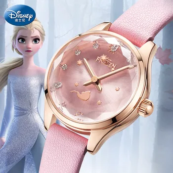 Disney Оригинальные женские наручные часы Frozen Elsa Princess, Кварцевые кожаные Водонепроницаемые часы для девочек с маленьким циферблатом, студенческие часы для девочек
