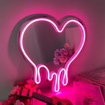 Светодиодная неоновая вывеска с зеркалом в виде сердца с розовым подсветкой, зеркало для макияжа, украшение комнаты для девочек, Атмосферный ночной светильник USB + с питанием от аккумулятора